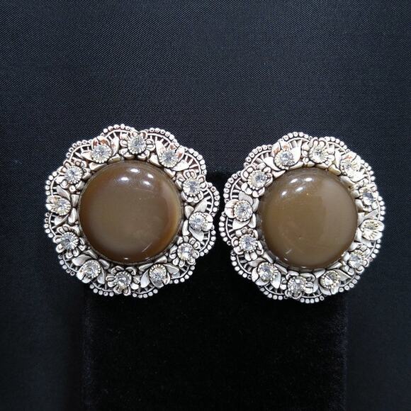 1950s Lucite Moonglow Clip Earrings Floral Rhinestone Large Vintage Jewelry - Picture 1 of 10